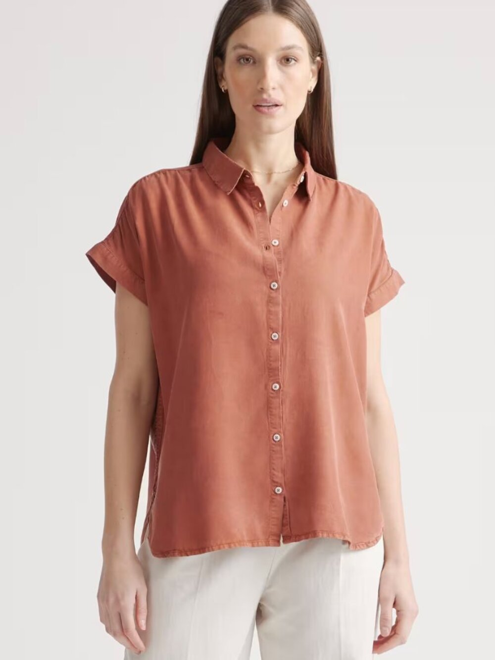 Quince Vintage Wash Tencel Camp Shirt in Terracotta | Size XL
